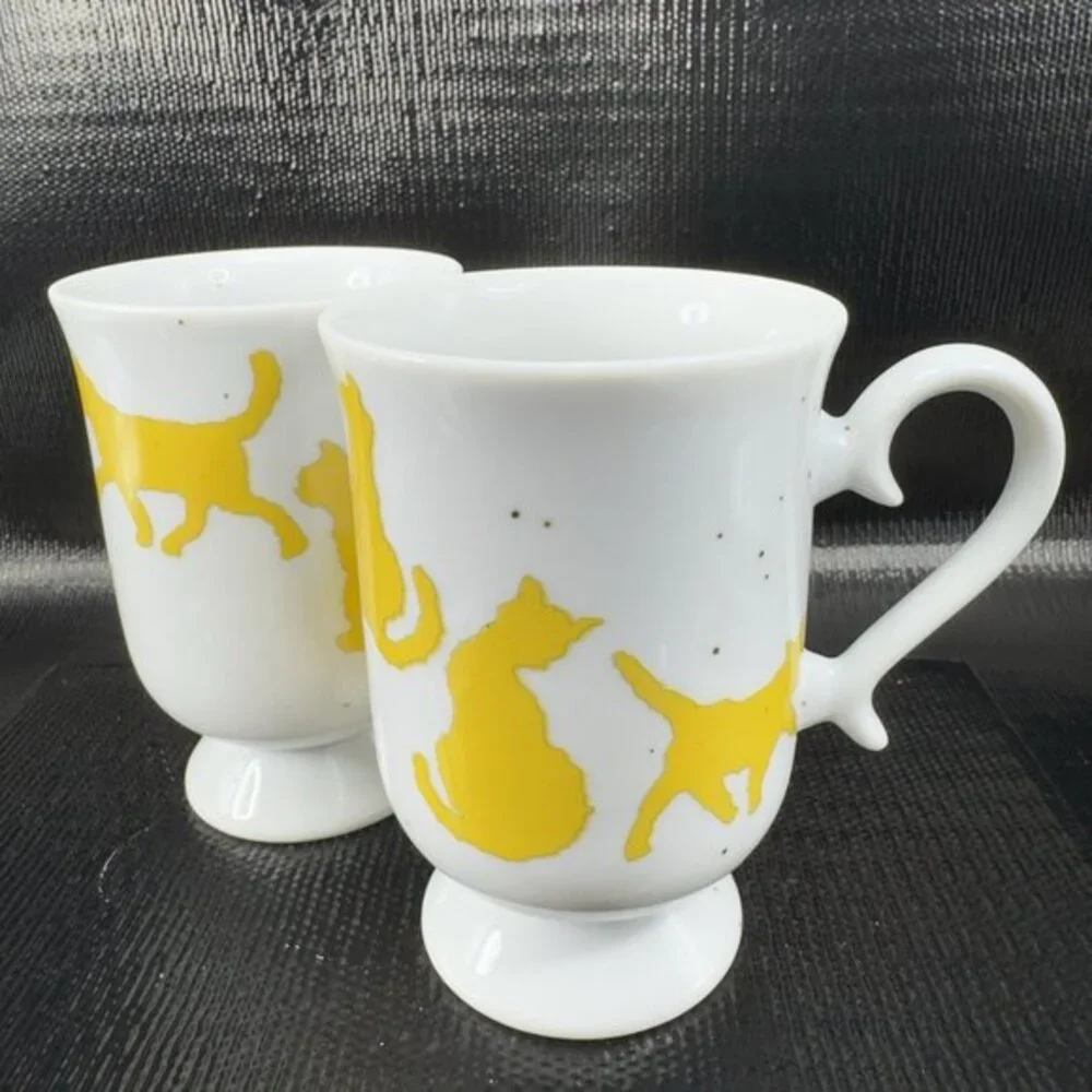 Silhouette‎ Speckled Yellow Cat Footed Pedestal Coffee Mugs Cups Set 2 Ceramic